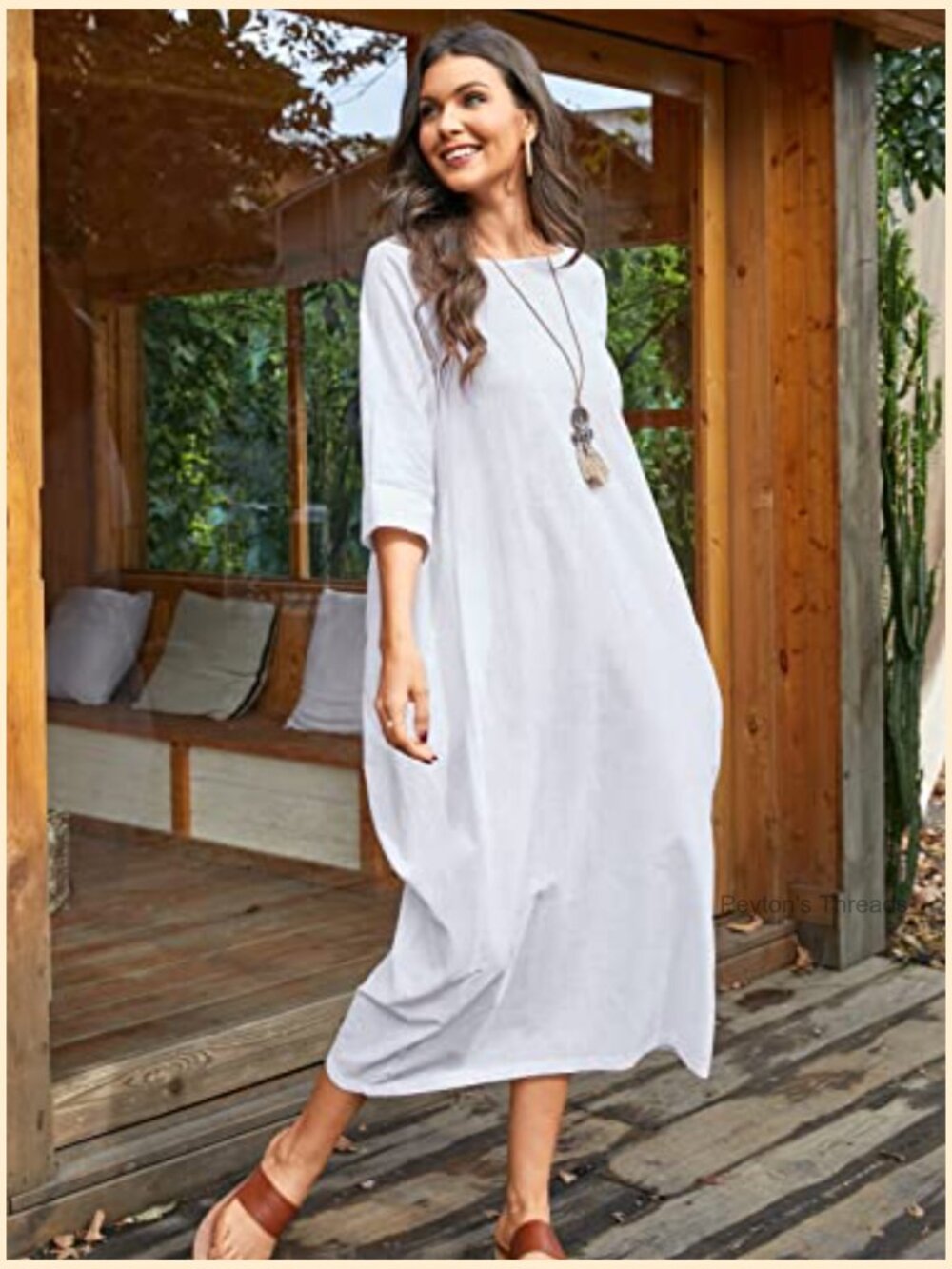 100% Cotton Oversized Loose Maxi Dress with Pockets 3/4 Sleeve - Picture 3 of 7
